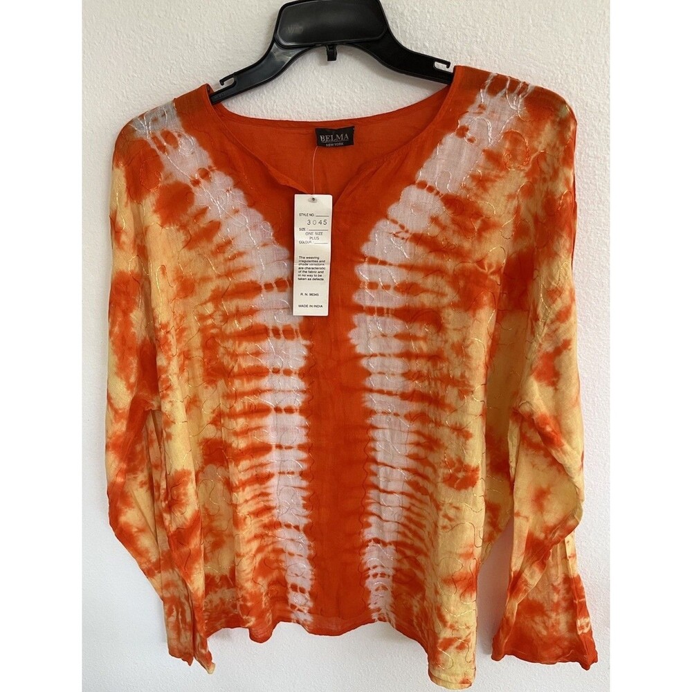 Belma New York Tie Dye One Size Plus Orange White Yellow Flowy Boho Top